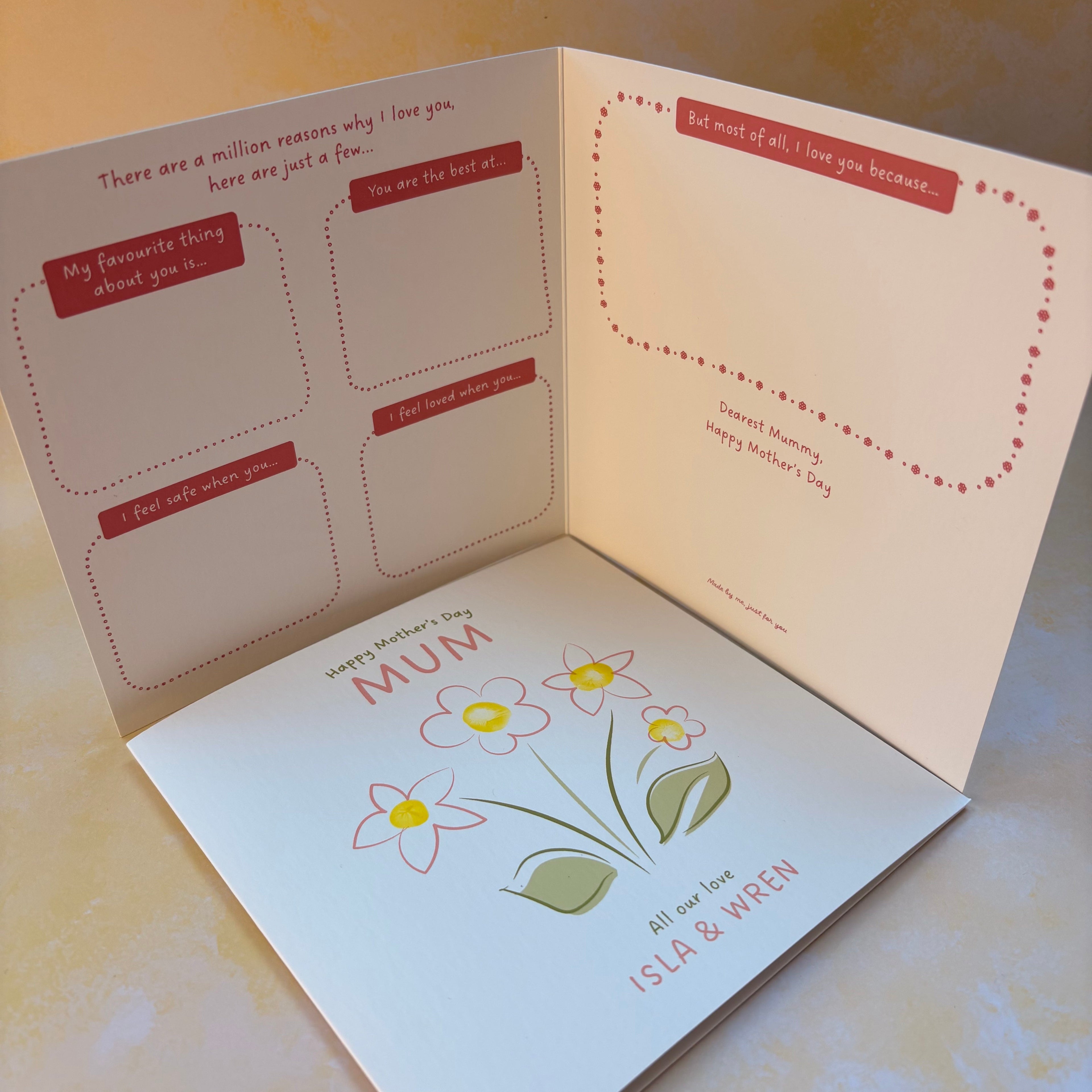 Open personalised Mother’s Day card from kids with fill-in prompts inside and floral illustration on the cover, customised with children’s names.