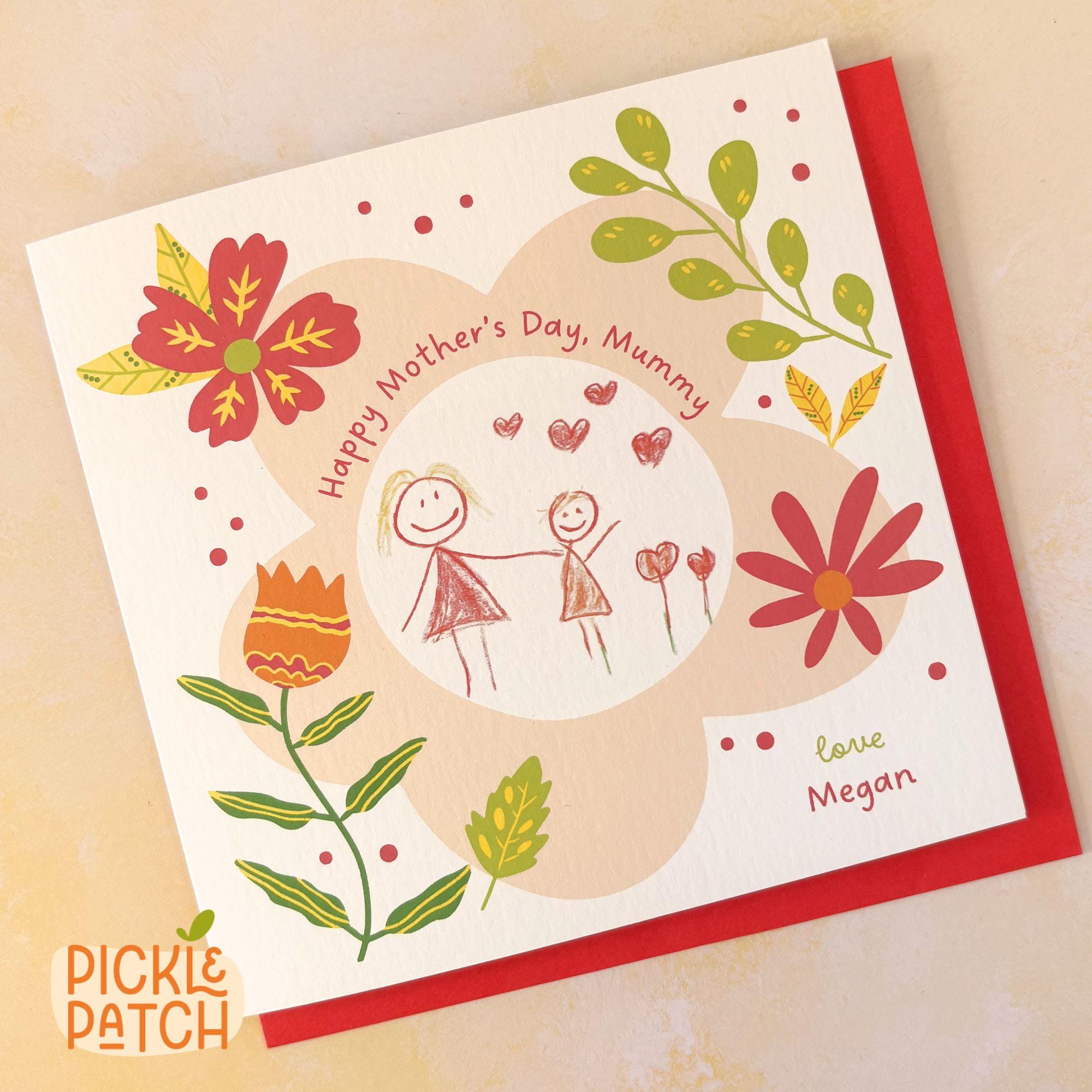 Mother's Day card with flowers and children illustration, featuring 'Pickle Patch' brand.