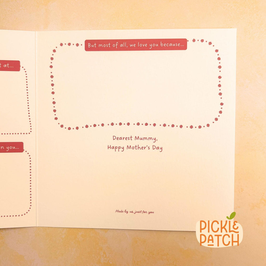 Open card with 'Happy Mother's Day' message on a beige background, featuring the brand 'Pickle Patch'.