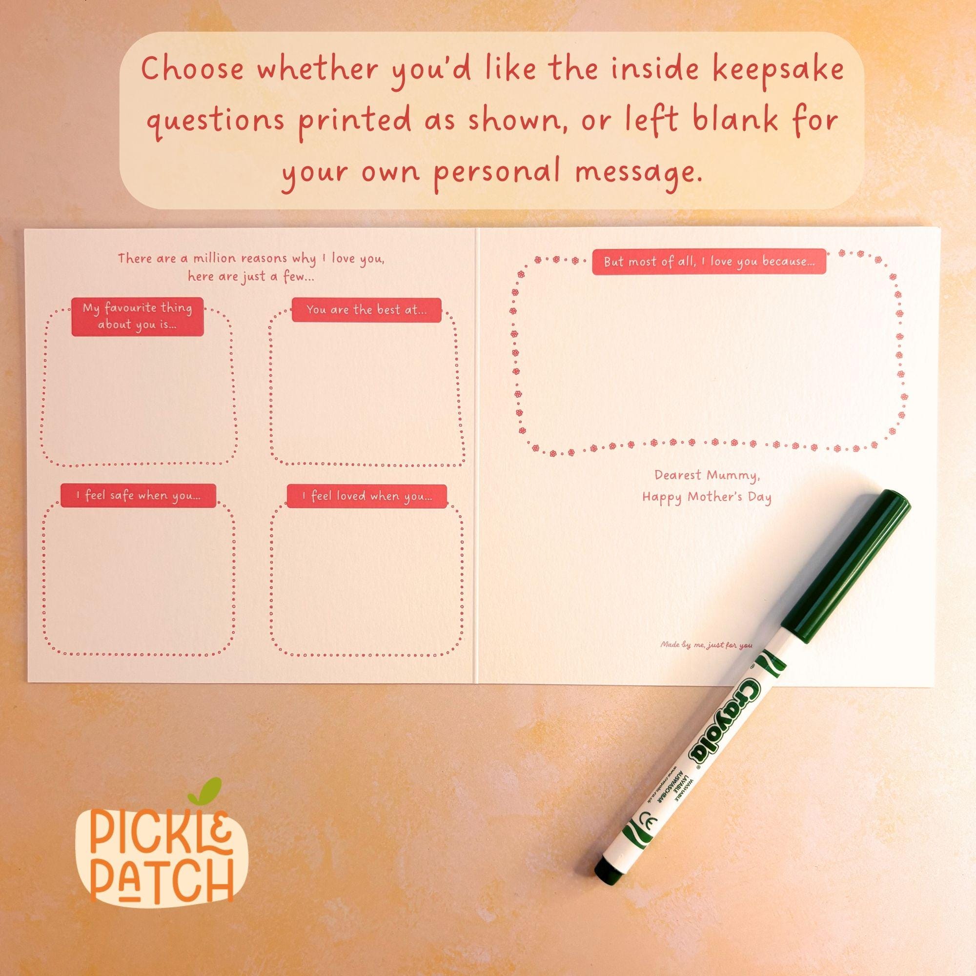 Inside of a greeting card with printed keepsake questions and a pen, featuring the Pickle Patch brand.