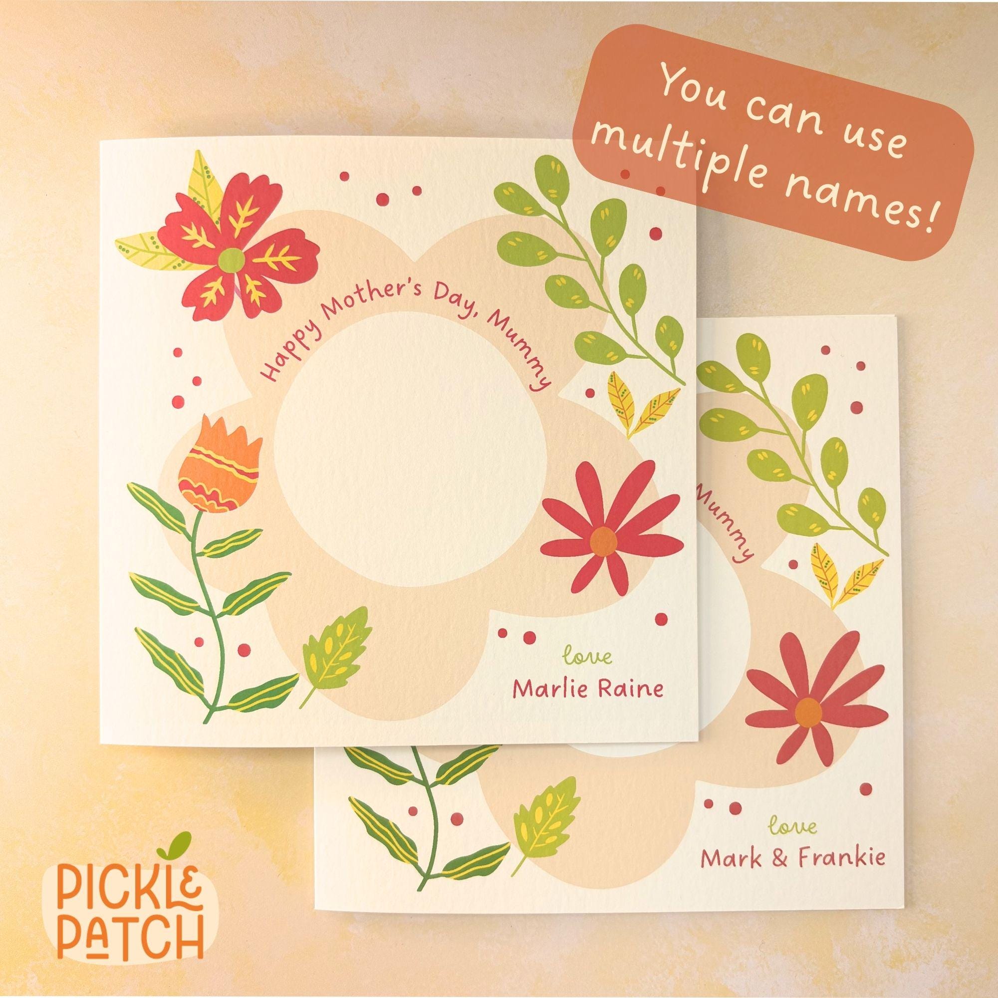 Floral-themed Mother's Day card with customizable names on a beige background, featuring the brand 'Pickle Patch'.
