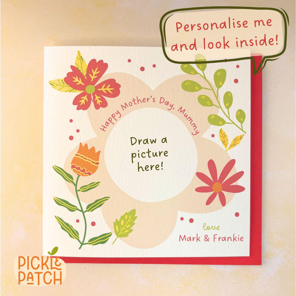 Mother's Day card with floral design and text 'Personalise me and look inside!' on a beige background.