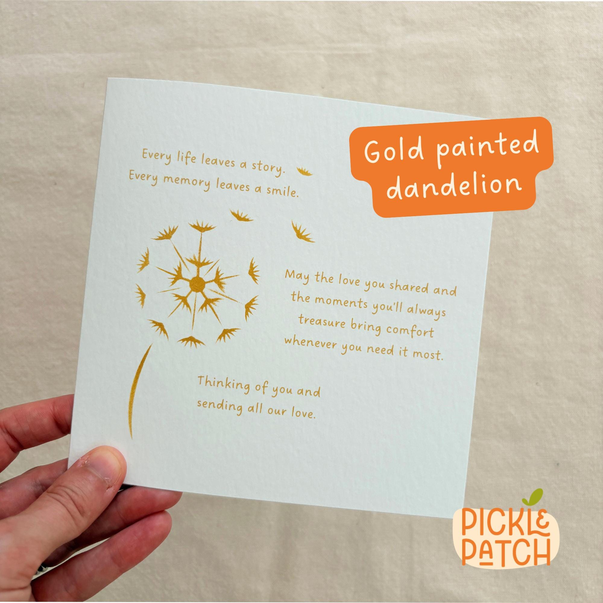 Sympathy Card with Gold Painted Dandelion and Poem